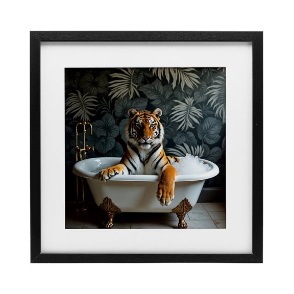 Tiger in Exotic Bubble Bath Black Framed Print Under Glass, design by Lettered and Lined
