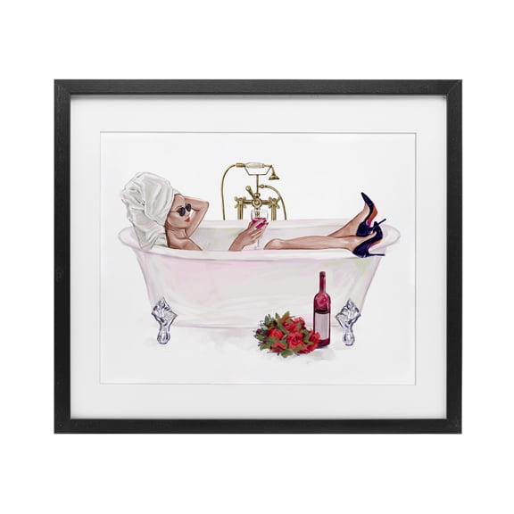 Woman with Wine Bath Black Framed Print Under Glass, design by Ziwei Li