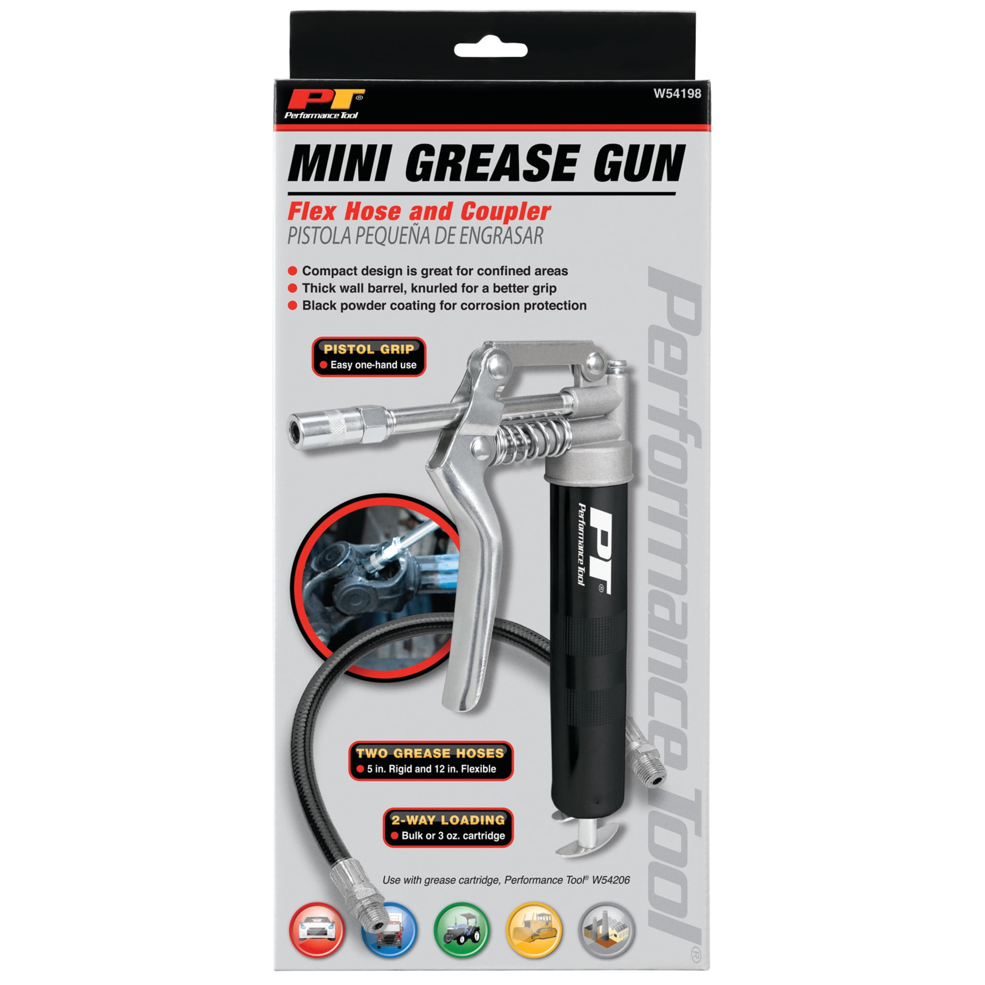 Performance Tool W54198 Mini Grease Gun (3 oz) With 12 inch Flexible Hose and 5.5 inch Rigid Extension Pipe