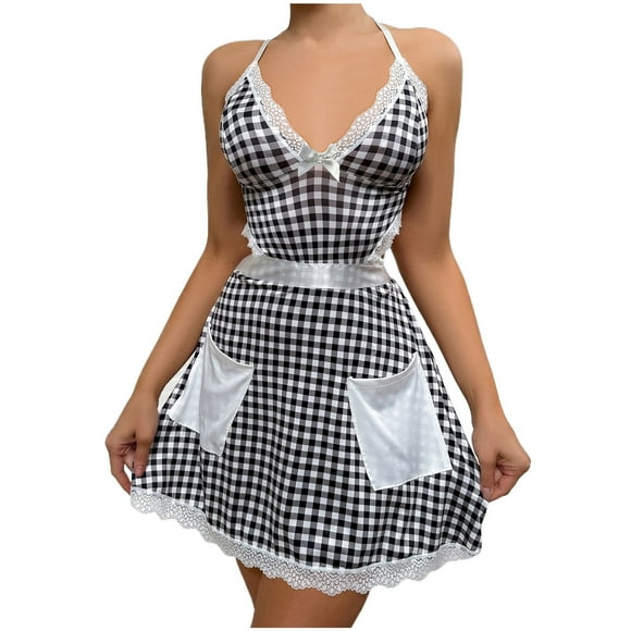 Maid Dress, Lace Bodysuit with V-Neck Halter and Plaid Bow Tie, for Homewear Sleepwear and Romantic Occasions