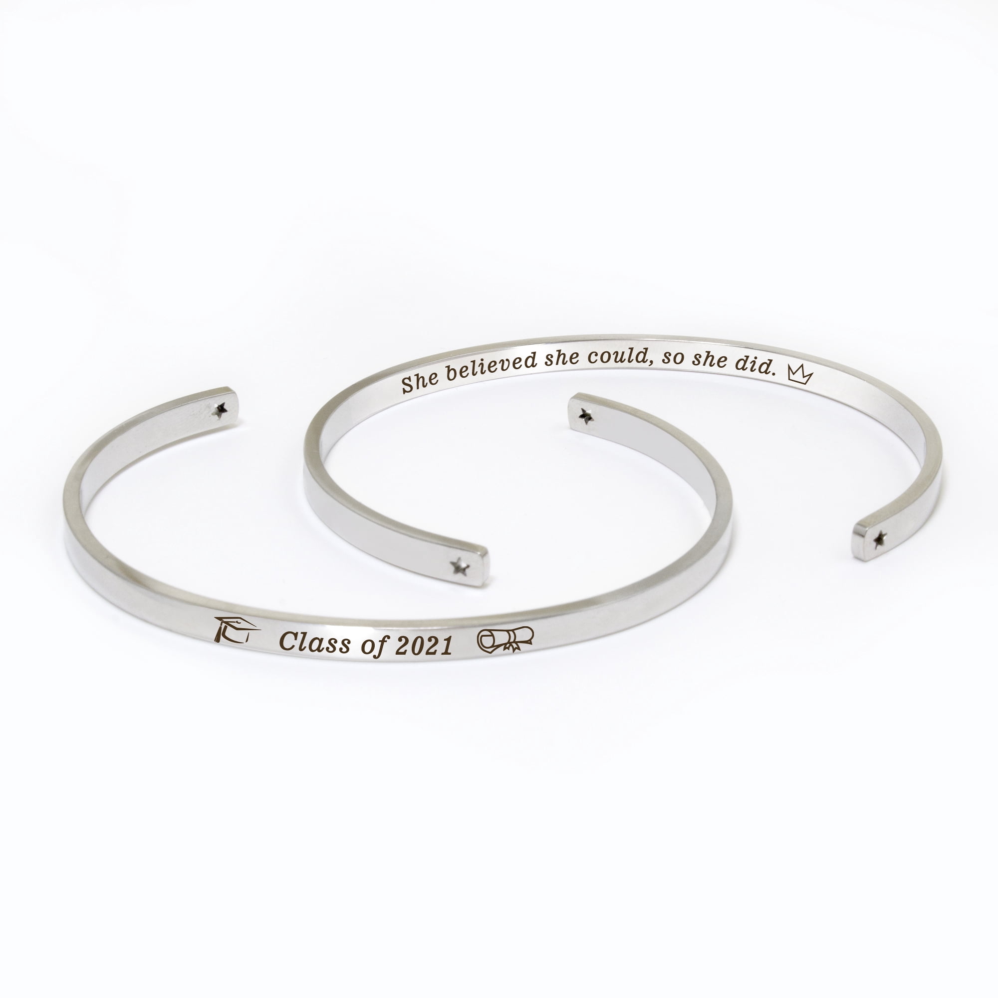 "She believed she could…" Silver Stainless Steel Graduation Theme Hidden Message Gift for Her Cuff Bracelet with Gift Set