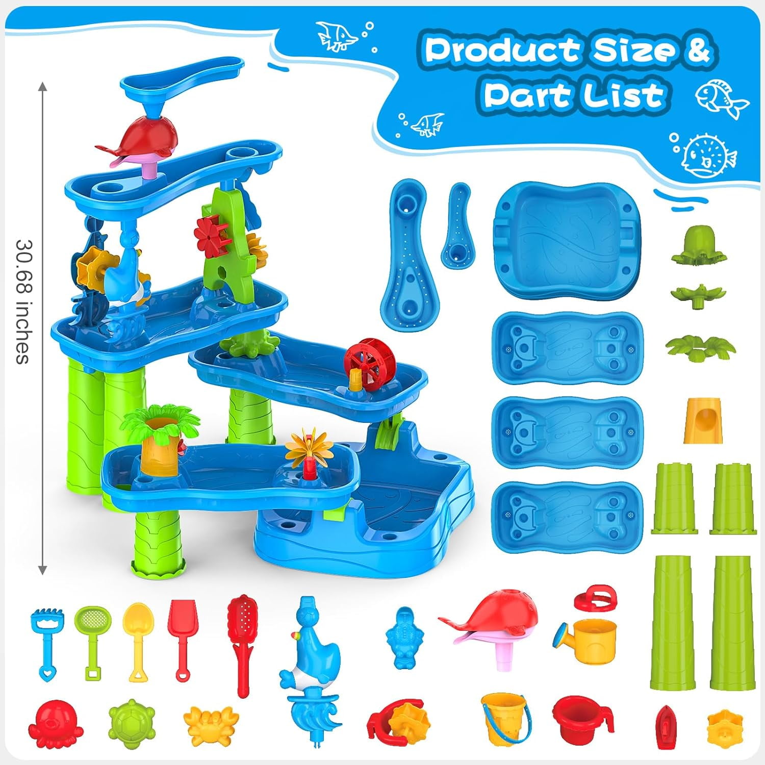 Water Table for Kids Ages 3-5 4-8, 6-Tier Rotatable Rain Shower