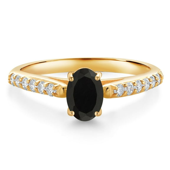 Gem Stone King 10K Yellow Gold Black Onyx and White Lab Grown Diamond Engagement Ring for Women (0.88 Cttw, Oval 7X5MM, Gemstone December Birthstone, Size 9)