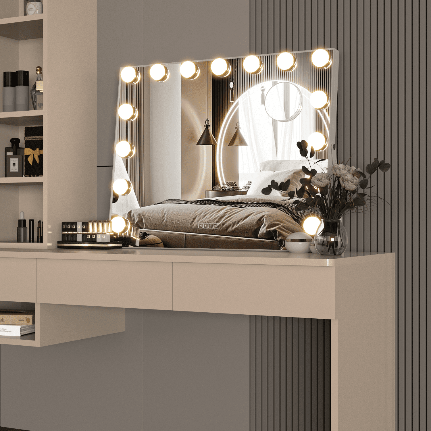 CONGUILIAO Hollywood Vanity Mirror with Lights, Vanity Makeup Mirror with 15 LED Bulbs, 3 Color Lighting Modes, USB Port, Smart Touch Control