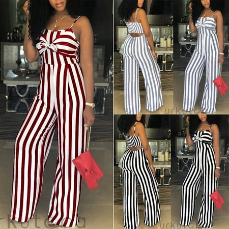 Women Ladies Striped Clubwear Playsuit Bodycon Party Jumpsuit Romper Trousers