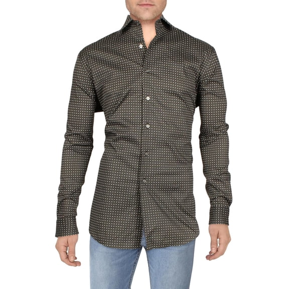 Alfani Mens Slim Fit 2 Way Stretch Stain Resistant Dress Shirt Black Tan 34-35