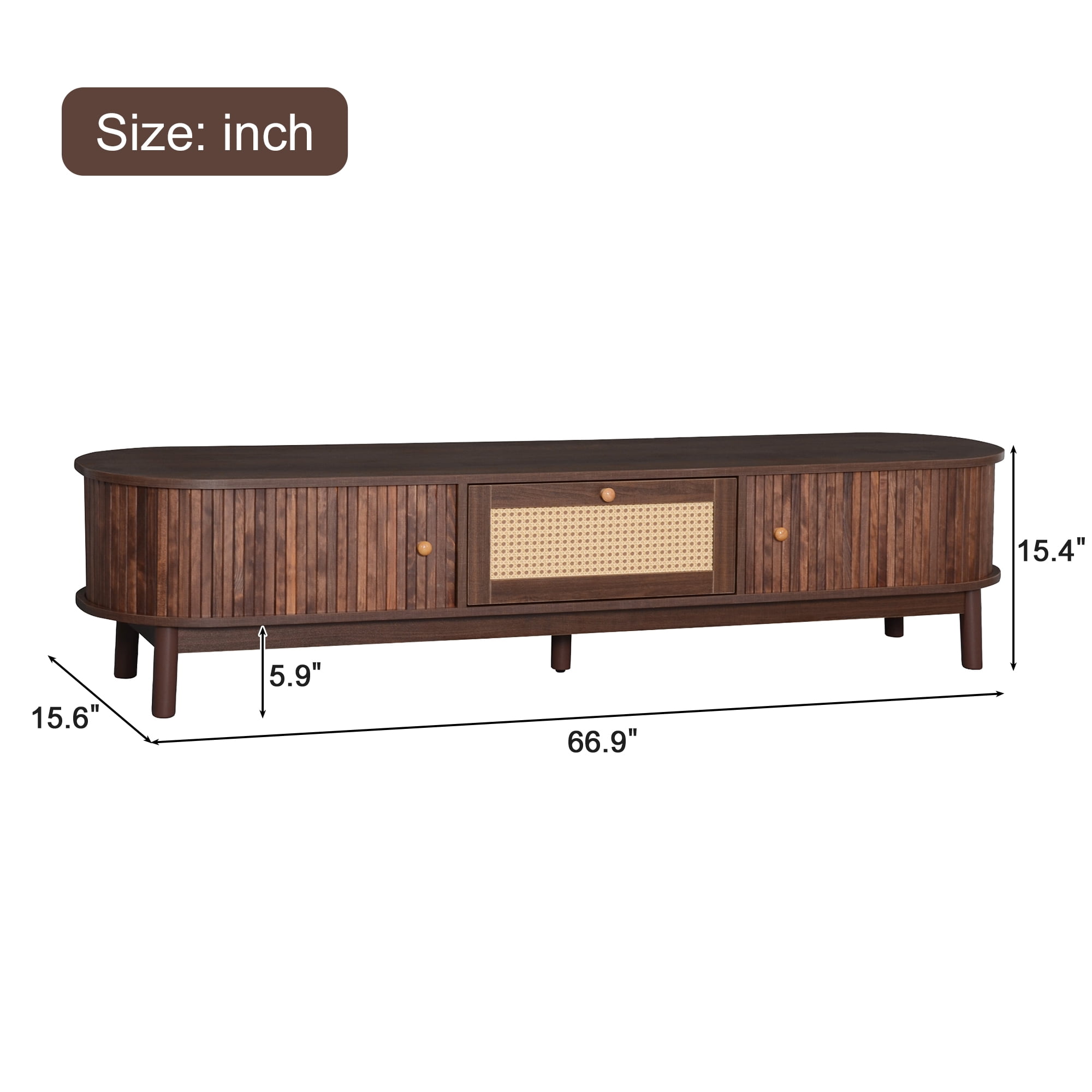 Euroco Modern Design TV Stand for 75" TVs, Media Console TV Cabinet with Rattan-Front Drawer for Living Room, 1 Drawer and 2 Sliding-Door Cabinets