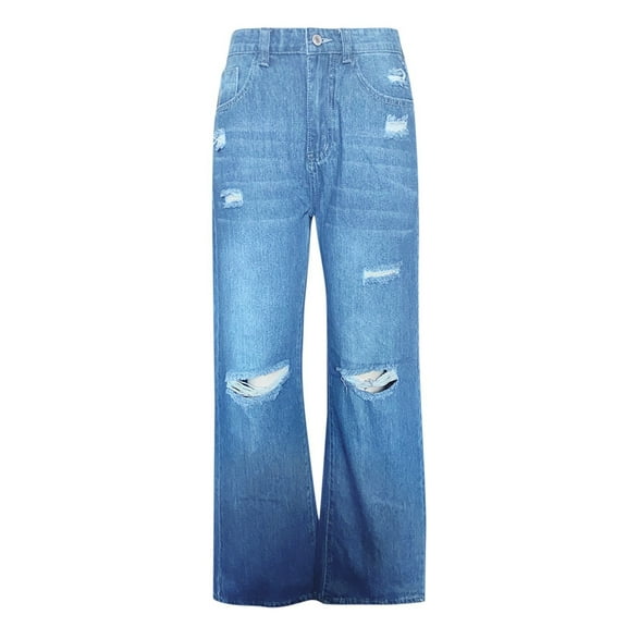 Aayomet on Pants Womens Casual Blue Classic Mid Waist Pockets Straight Denim Pants Trousers Jeans,Light Blue L