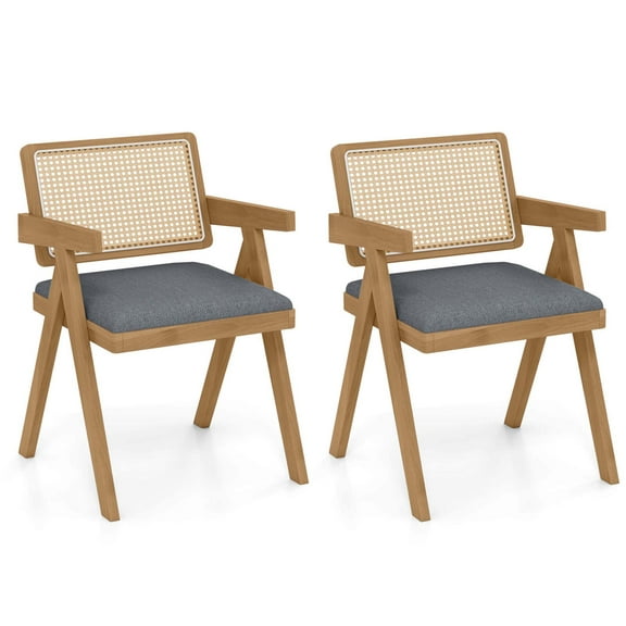 Costway Set of 2 Rattan Accent Chairs Fabric Dining Chairs Modern Living Room Chairs Gray