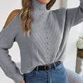 thumbnail image 4 of Women High Collar Sweater Cold Shoulder Long Sleeves Pure Color Loose Fitting Casual Knitted Top Grey S, 4 of 6