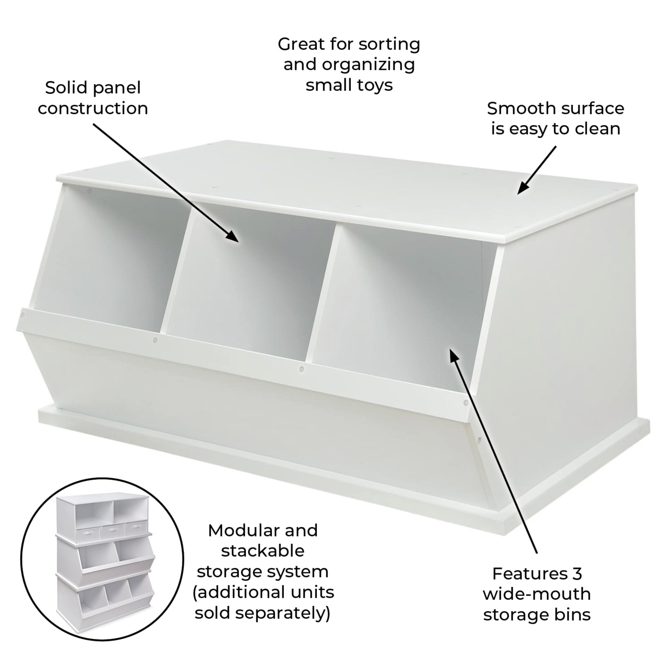Badger Basket Children's 3-Bin Stackable Wooden Storage Cubby 5.2 Cu ft.- White