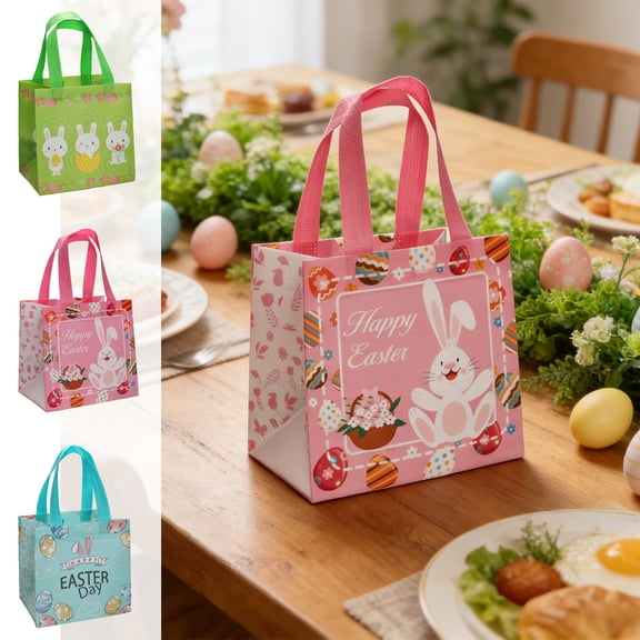 Easter Gift Bags Non-Woven Tote Bags with Bunny Egg Design, Reusable Shopping Bags for Easter Egg Hunt Party Decorations, Eco Friendly Holiday Gift Bags(A)