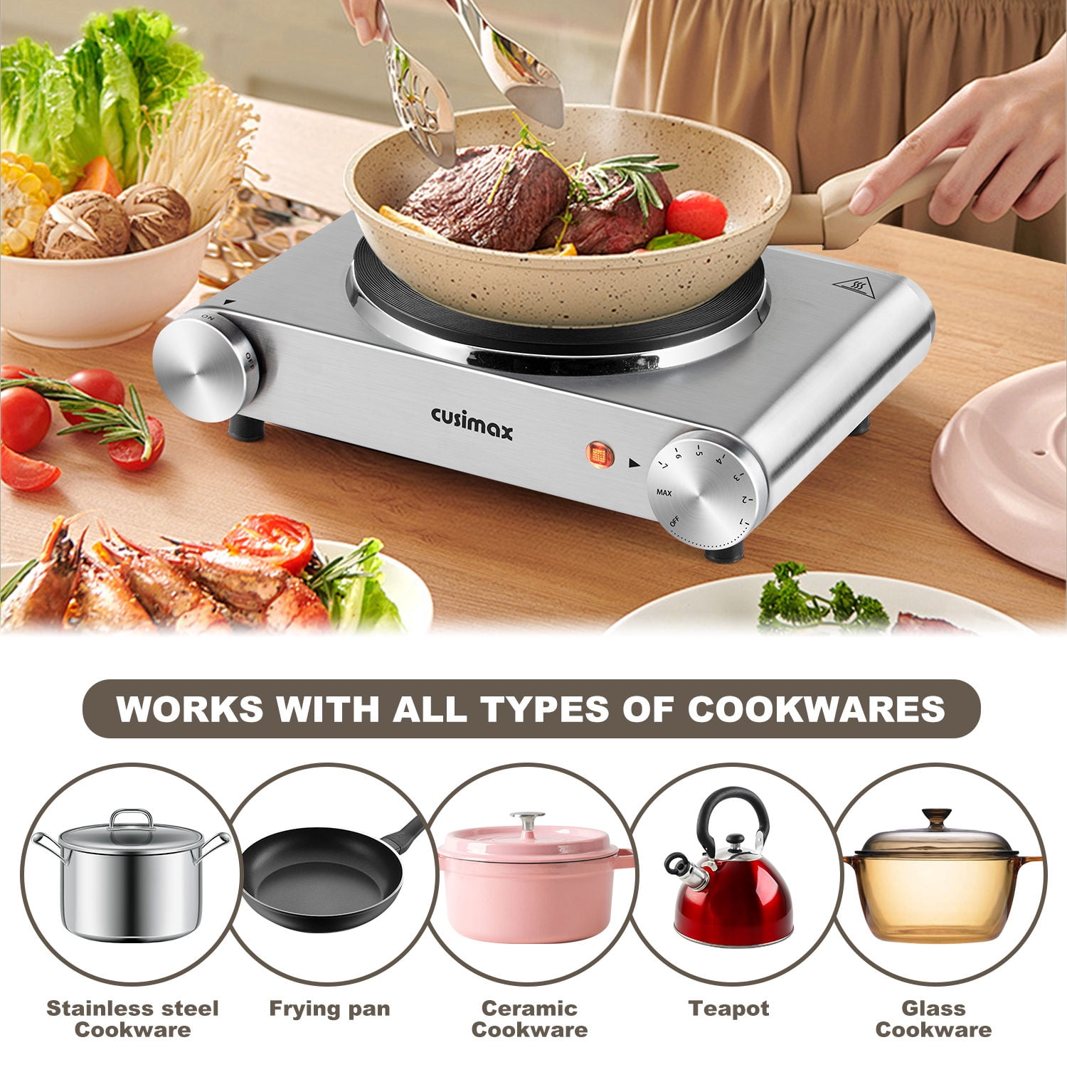 Cusimax Electric Hot Plate For Cooking,1500W Stainless Steel Single Burner