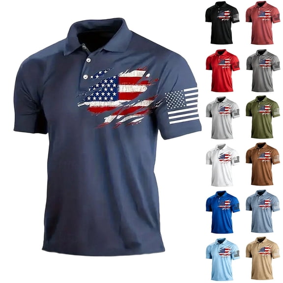 Kopltyrfg Short Sleeve Polo Shirts for Men Graphic Stretch Casual American Patriotic Raglan Golf Polos for Men Light Blue 2XL