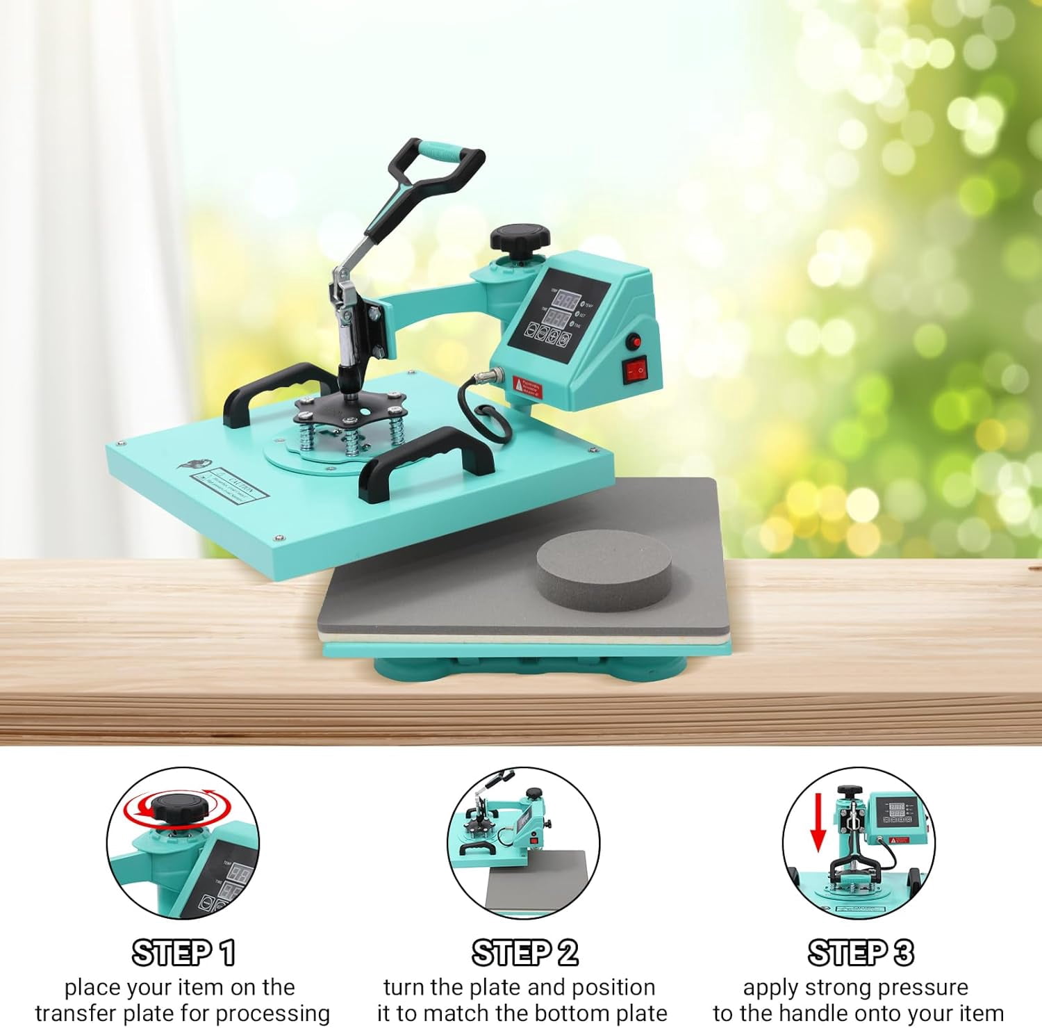 Trilenars 6 in 1 Sublimation Heat Press Machine,with 30 Oz Tumbler Attachment,360-Degree Swing Away Multifunction Digital Heat Press for T-Shirts,Tumblers Glass Hats,and Plates,15x15 Inch,Green