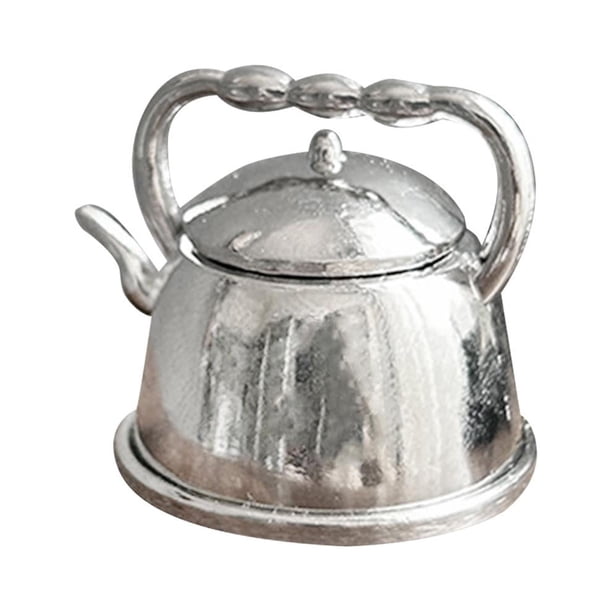 Tetera en miniatura para casa de muñecas, tetera de metal, muebles de comedor, modelo de tetera, accesorio plata