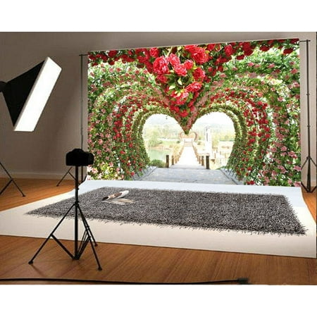 HelloDecor Polyester Fabric 7x5ft Backdrop Roses Heart Shape Door Arched Photography Background Wedding Luxury Blooming Pink Flowers Romantic Party Lovers Girls Family Bride Photo Portraits
