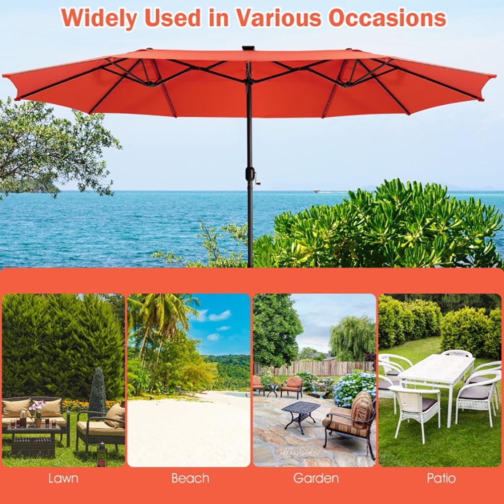 Aimee Lii 15 Feet Twin Patio Umbrella with 48 Solar LED Lights, Outdoor Umbrellas for Patio, Orange