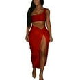 thumbnail image 3 of Hvot&aat Women's Summer Two-Piece Solid One Shoulder Tops And Slitted Skirt Dress Set Suit Twist Swimsuit Wrap Skirt, 3 of 7