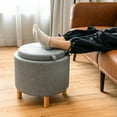 thumbnail image 4 of Gymax Pouf Rond de Rangement avec Plateau, Repose-Pieds Rembourré d'Accent avec Pattes en Bois, Gris, 4 of 10