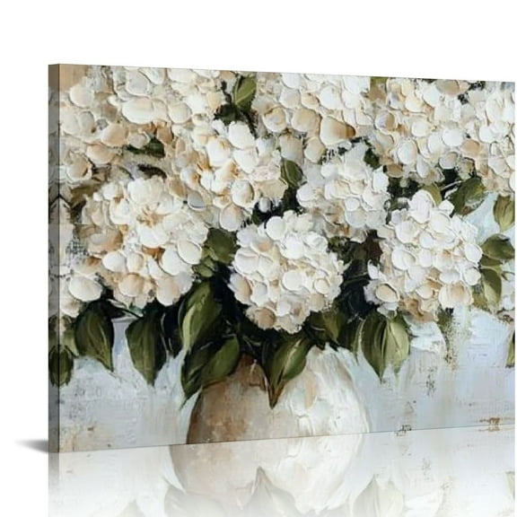 FCXZI Bathroom Wall Art White Hydranged Decor Flower Canvas Pictures Vintage Floral Painting for Bedroom Abstract Farmhouse Art Print for Dining Room Living Room Home Office Decorations 16x12in