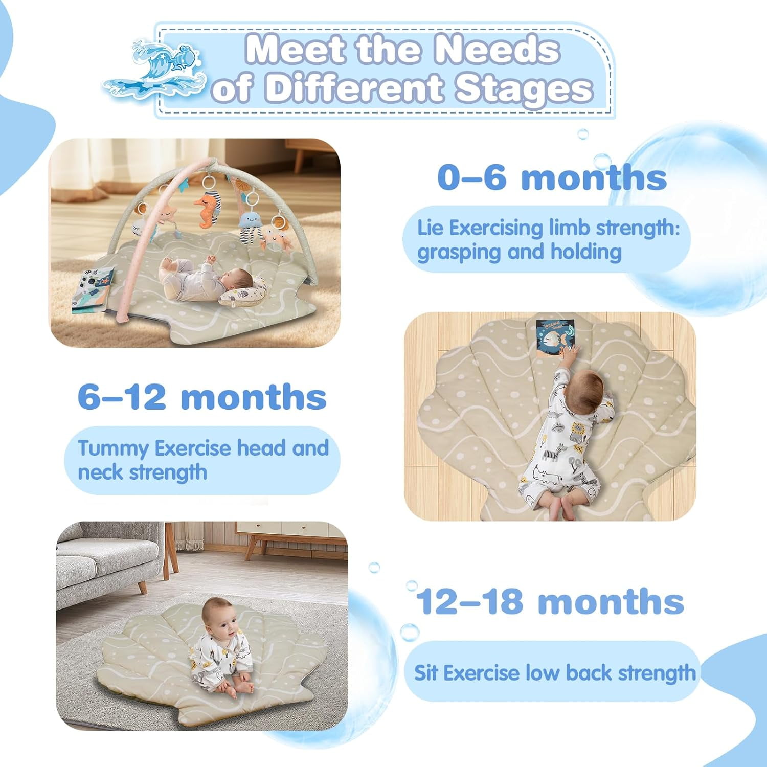 PRVAETU Baby Play Gym Mat, Oversize Tummy Time Activity Mat with 6 Detachable Toys for 3-18 Months Infant Sensory Exploration Skill Development,Beige