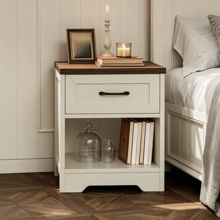 Farmhouse Nightstand Set of 2 Bedside Table with Drawer & Open Storage Wood End Table for Bedroom & Small Space Rustic White & Dark Walnut