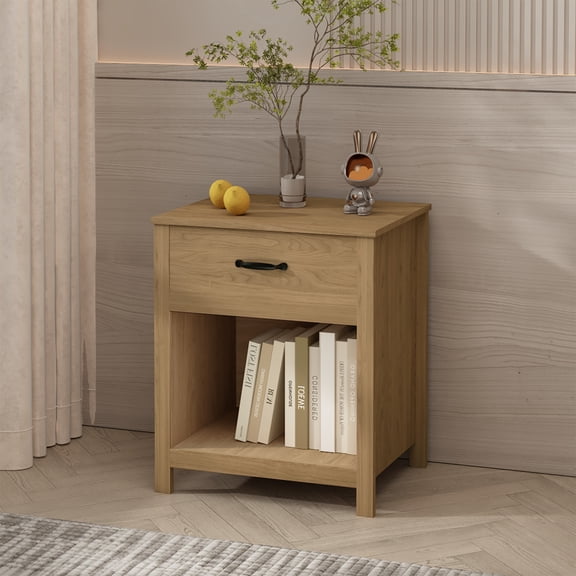 Noble House Wahid Modern Wood Nightstand with Smooth-Glide Drawer and Open Storage Shelf, Bedside Table, Brown