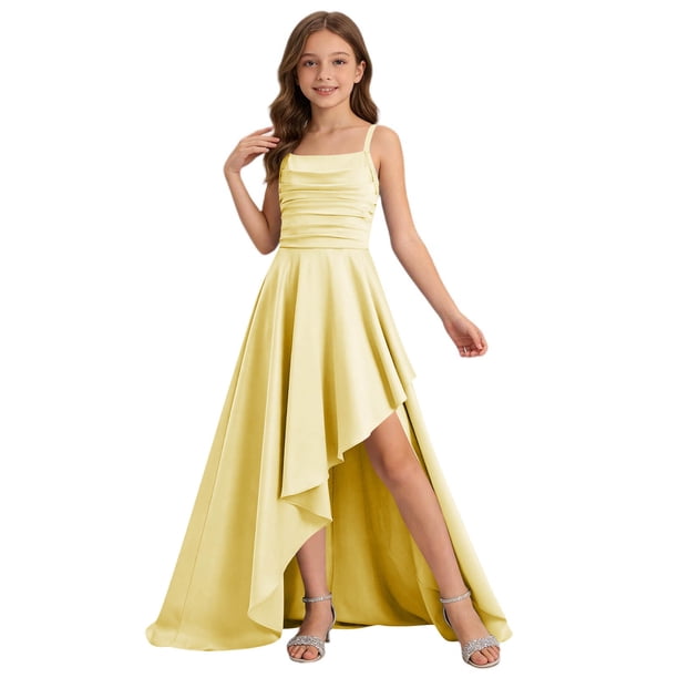 Mifsaly Big Girls Graduation Dress Satin Spaghetti Strap formal Dresses Square Neck Ruched High Low Hem Cross Adjustable Back Wedding Flower Girl