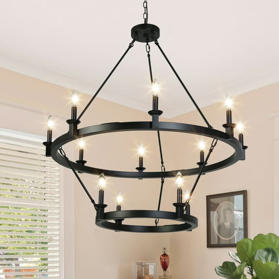 LNC 12-Light 2-Tier Modern Industrial Metal Matte Black Hardwired Candle Chandelier