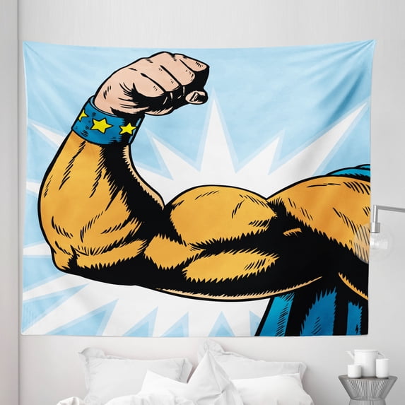 Comics Tapestry, Superhero Arm Flexing Muscles Powerful Fiction Character Cartoon Graphic Style, Fabric Wall Hanging Decor for Bedroom Living Room Dorm, 5 Sizes, Marigold Blue, by Ambesonne