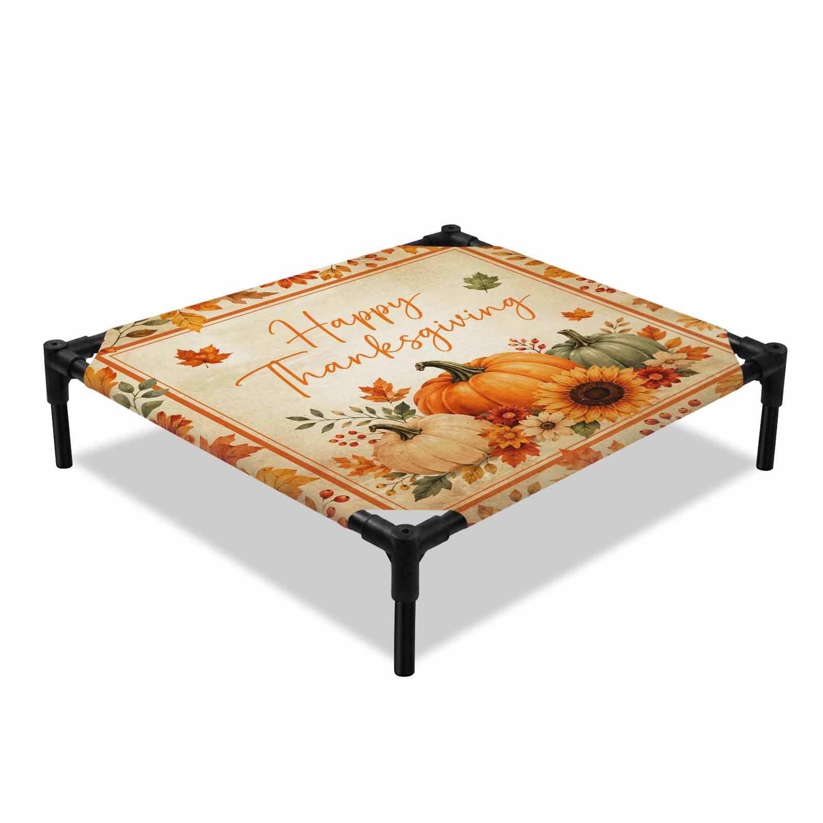 Happy Thanksgiving Elevated Dog Bed Fall Vintage Pumpkins Sunflowers Maple Leaves Plaid Cooling Breathable Outdoor Raised Dog Cot Bed with Metal Frame Non-Slip Feet for Small Dog 20x20in