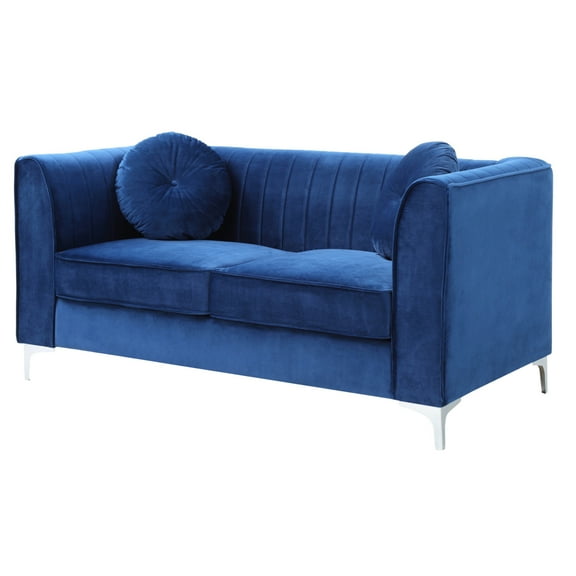 Passion Furniture Delray 65 in. Navy Blue Tuxedo Arm Velvet Loveseat with 2-Throw Pillow