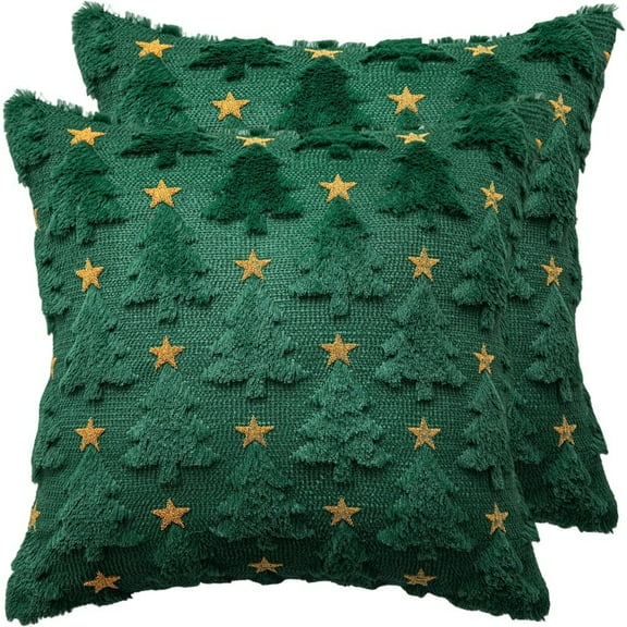 2pcs Christmas Pillow Covers,Green Cushion Throw Covers Cases, Christmas Tree With Golden Star Pillowcase for Holiday Home Decoration