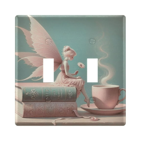 2 Gang Light Switch Cover Plate Fairy on Book with Coffee Wall Plate Decorate Electrical Outlet Cover Plates 4.56”x4.48”