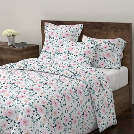 Floral Watercolor Pink Blush Green Vintage Flower Sateen Duvet
