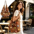 thumbnail image 4 of Woven Mesh Tote Bag, Crochet Shoulder Bag Knitted Handbag with Colorful Floral Embellishments for Beach Vacation Daily Use,Khaki, 4 of 7