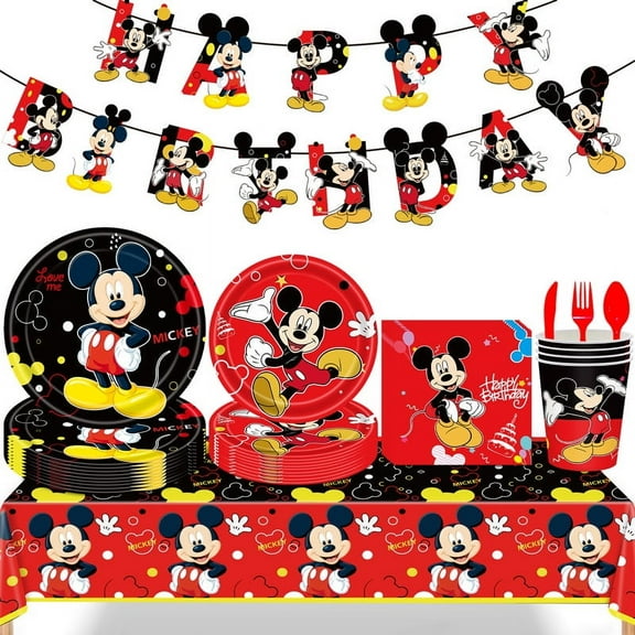 Mickey Party SuppliesIncludes Dinner & Dessert Plates, Napkins, Cups, Banner and Tablecloth