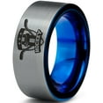 thumbnail image 1 of Tungsten Hockey Ring Band Ring 8mm Men Women Comfort Fit Blue Flat Cut Brushed Gray Polished, 1 of 4