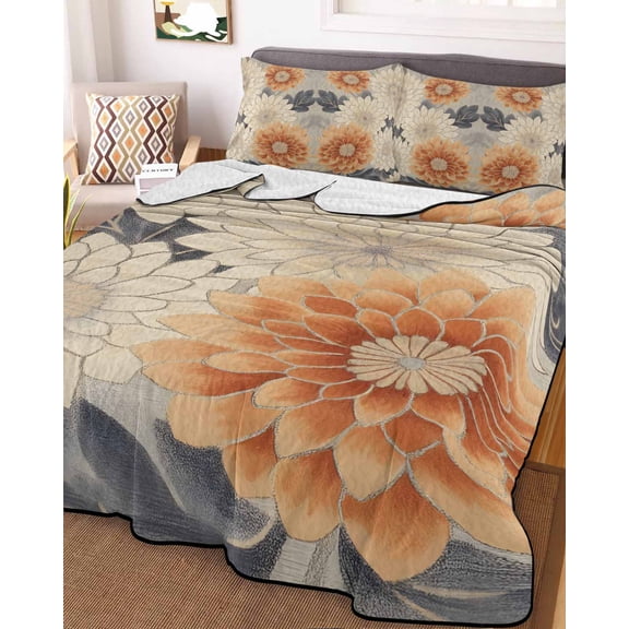 Burnt Orange Grey Full Size Down Alternative Comforter, Lightweight Comforter Quilt Bedding Set with Pillow Shams Spring Floral Botanical Retro All Seasons Bed Comforter Duvet Insert 78"x90"