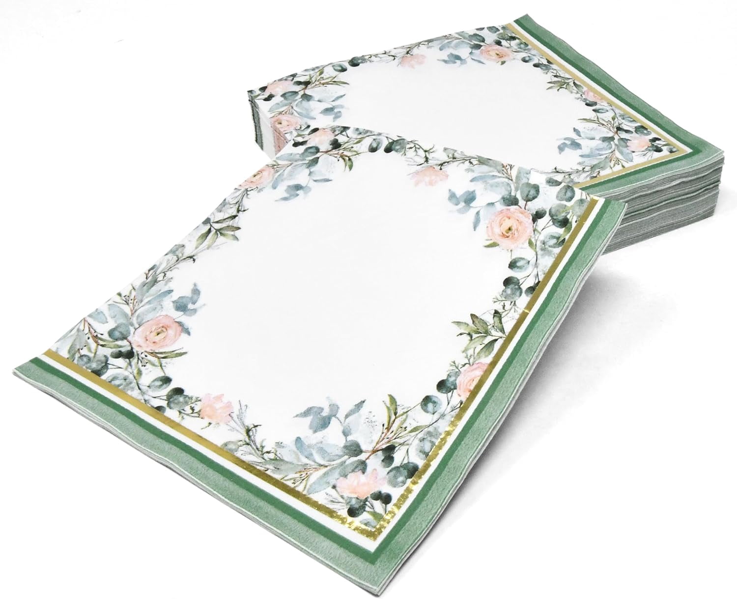 100 Floral Napkins Sage with Gold Foil Border Disposable Paper Spring Flower Blossom Lunch Napkin for Summer Wedding Tea Birthday Party Bridal Baby Shower