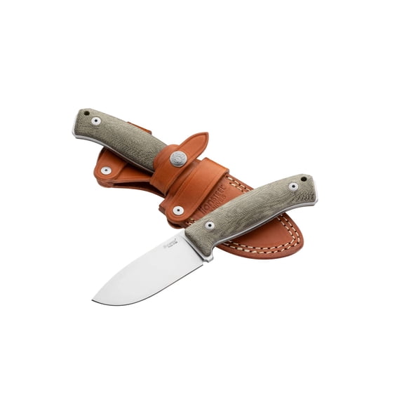 Lion Steel M2M Fixed Blade Outdoor EDC Knife, M390 Steel Blade, G10 Micarta or Wood Handle Options, Double Stitched Leather Sheath (Green Micarta)