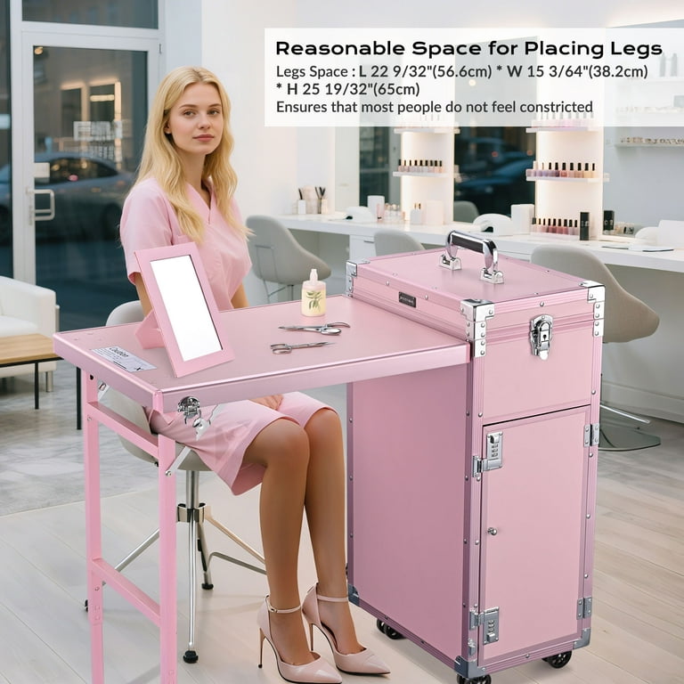Byootique Portable Pink Trolley, Makeup Train Case, Nail Desk
