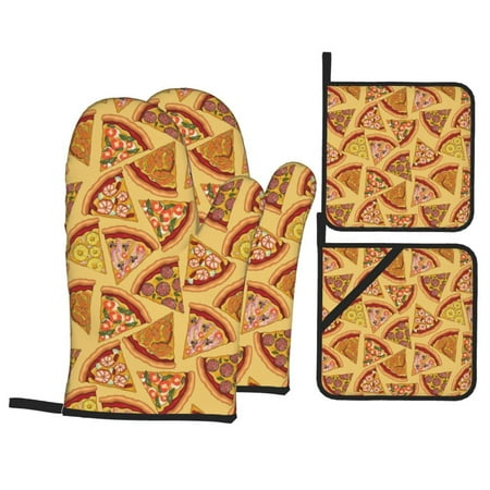 

Oven Mitts and Pot Holders 4 Piece Cute Pizza Pineapple Shrimp High Heat Slip Resistant Oven Mitt and Trivets Set Kitchen Oven Glove Pot Holders for Cooking Baking Grilling