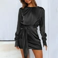 thumbnail image 5 of Womens Fall Satin Long Sleeve Round Neck Mini Dress Solid Color Ruched Wrap Tie Waist Slim Fit Cocktail Party Dresses, 5 of 15