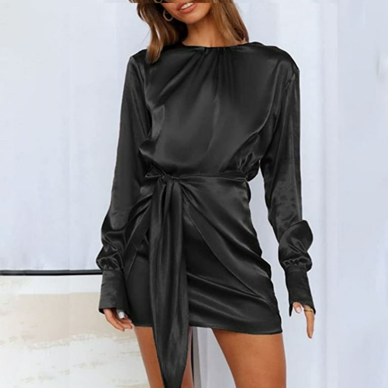 Womens Fall Satin Long Sleeve Round Neck Mini Dress Solid Color Ruched Wrap  Tie Waist Slim Fit Cocktail Party Dresses - Walmart.com