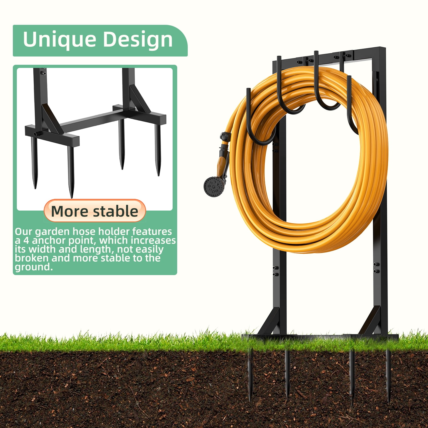 Garden Hose Holder Freestanding, Detachable Heavy Duty Metal Hose Stand with 6 Hooks, Water Hose Reel Rack Organizer