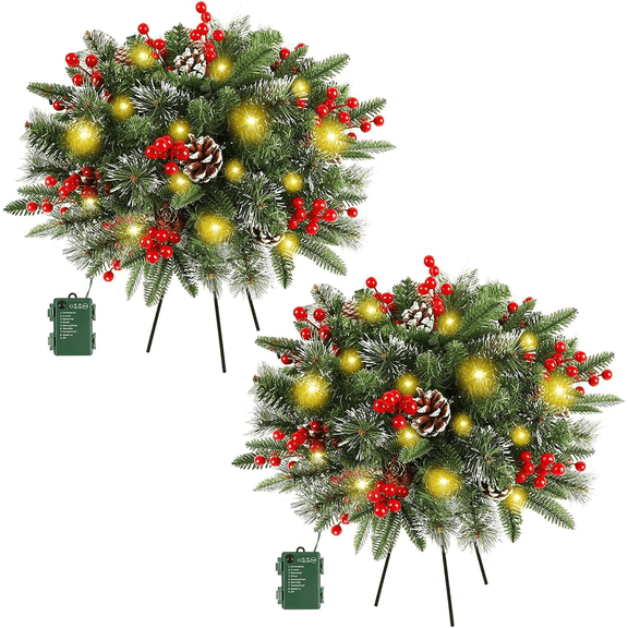 2 Pack Pre-Lit Christmas Tree Urn Filler, Lighted Artificial Xmas Pine Trees with Tripod Stake, Battery Powered Outdoor Light up Planter Filler Festival Holiday Decor for Porch, Driveway, Yard