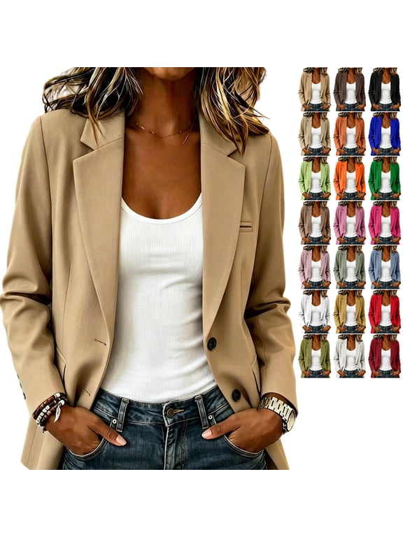 Women's Long Sleeve Blazers Lightweight Soft Notched Lapel Open Front Single Breasted Button Business Coat Dressy Casual Solid Color Work Suits Jackets L