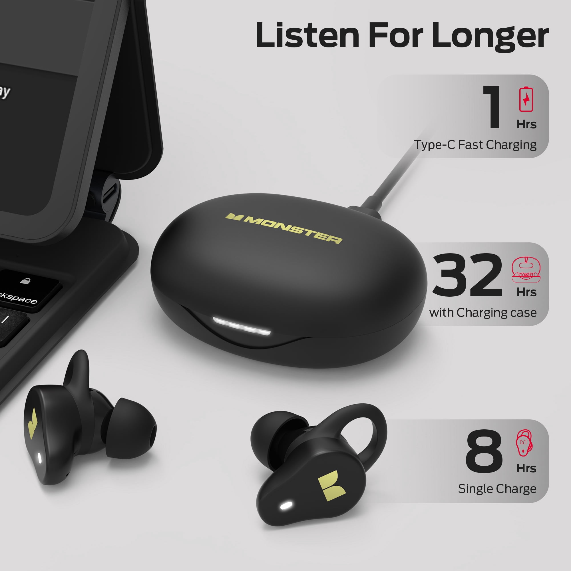 Monster N-Lite 210 Wireless Earbuds, Bluetooth 5.4 in-Ear Stereo Headphones, Built-in Mic for Crystal Clear Call, 32H Playtime, Type-C Charging, Waterproof in-Ear Ear Buds Earphones for Sports, Black